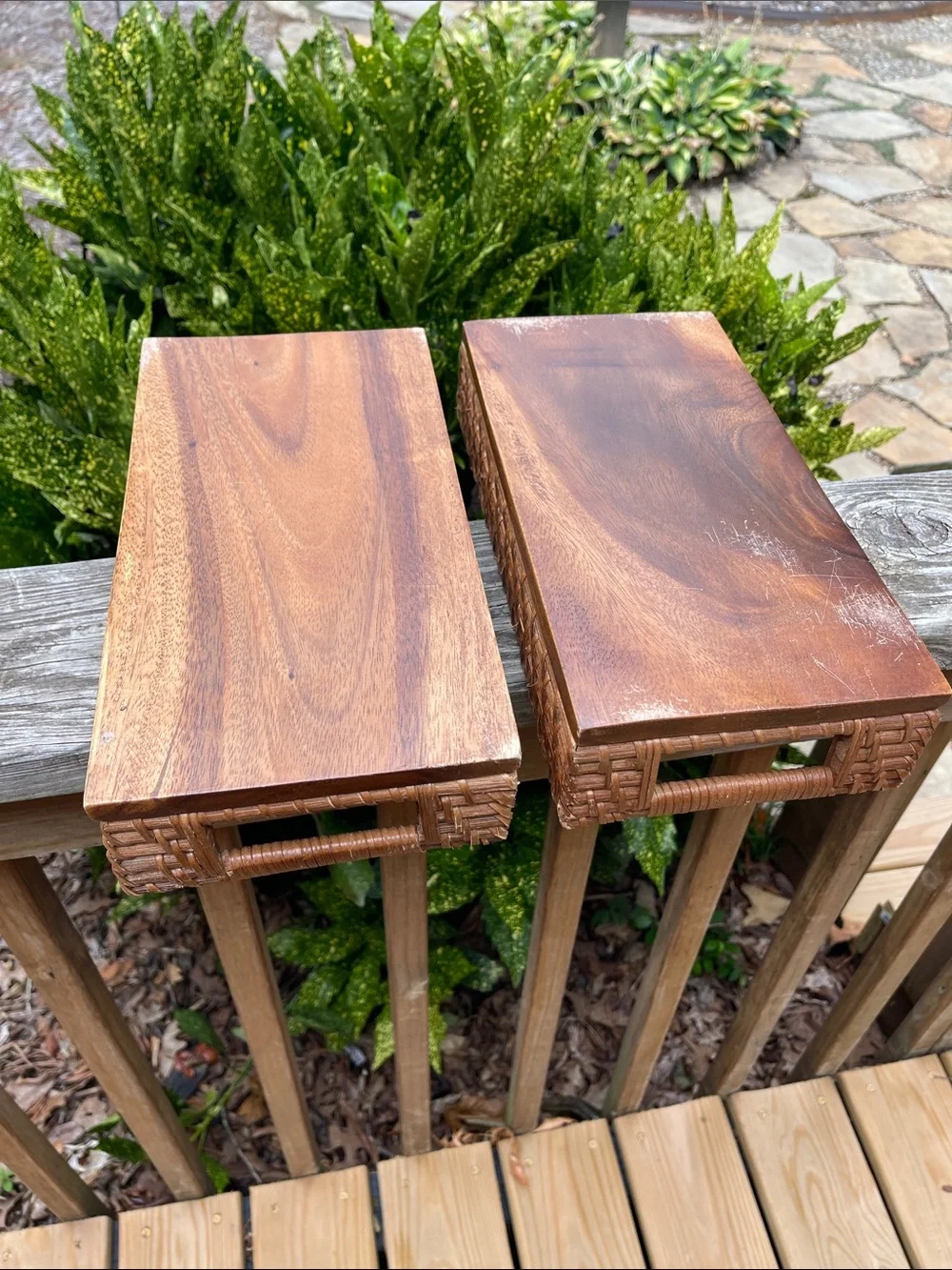 Vintage rattan and wood basket tray set of 2